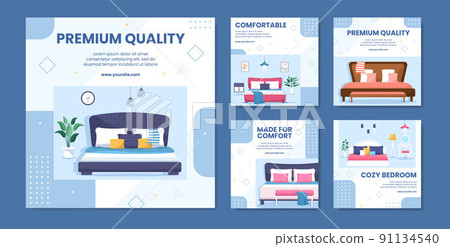 Bedroom Interior Social Media Post Template Flat Cartoon Background Vector Illustration 91134540