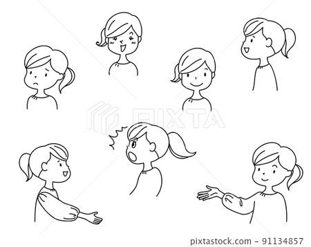 Line drawing illustration set of women with various facial expressions 91134857