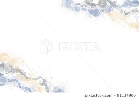 酒精墨水藝術白色背景模板）橙色/藍色/灰色流體和金色幾何圖案摘要 91134900