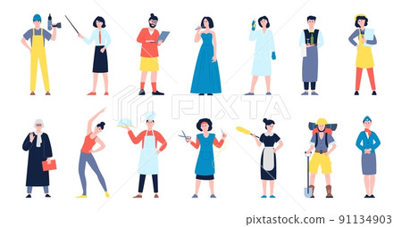 Different workers group. Variety occupations, worker teamwork flat characters. Mix different professionals, male and female professions recent vector people Different workers group. Variety occupations, worker teamwork flat characters. Mix different professionals, male and female professions recent vector people 91134903