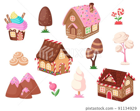 Cartoon sweet element. Candy cupcake house, dessert tree and flowers. Chocolate and ginger cookies home, garish game fantasy vector clipart Cartoon sweet element. Candy cupcake house, dessert tree and flowers. Chocolate and ginger cookies home, garish game fantasy vector clipart 91134929
