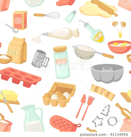 Baking ingredients seamless pattern. Cooking tools, accessories and cook equipment. Oil, pan, flour bag and eggs. Neat kitchen vector texture 91134958