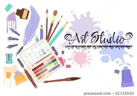 Art studio banner. Graphics school website promo page, crazy designers and artist class poster template. Gallery, paint tools and drops decent vector background Art studio banner. Graphics school website promo page, crazy designers and artist class poster template. Gallery, paint tools and drops decent vector background 91135010