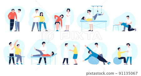 Physiotherapy. Rehabilitation work, recovery knee after injury. Medical nurse and patient, doctors with elders and disabled persons. Healthcare recent vector set Physiotherapy. Rehabilitation work, recovery knee after injury. Medical nurse and patient, doctors with elders and disabled persons. Healthcare recent vector set 91135067