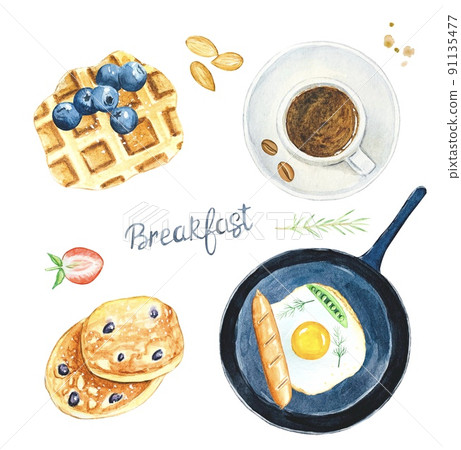 Healthy breakfast , waffle with berries, coffee , pancakes , egg in a frying pan . Watercolor illustration 91135477