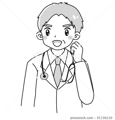 一位身穿白大褂的老人做膽量姿勢（用聽診器）黑白相間的插圖 91136210