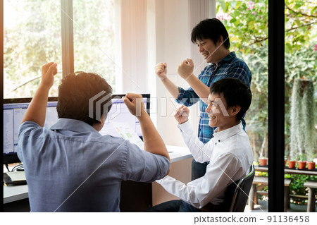 Programmers team happiness and glad in complete success software development project. Developing programming and coding technologies. Website design. Cyber space concept. 91136458