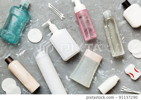 Mockup for bathing products top view flat lay, spa razor, toothpaste, soap, gel and other various accessories. Cosmetics for skin health. Bath Mockup for your logo 91137290