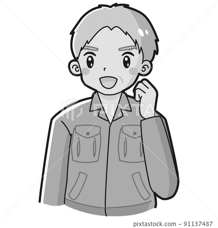Illustration of a senior man wearing work clothes doing a guts pose (black and white) Illustration of a senior man wearing work clothes doing a guts pose (black and white) 91137487