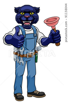 Panther Plumber Cartoon Mascot Holding Plunger Panther Plumber Cartoon Mascot Holding Plunger 91138044