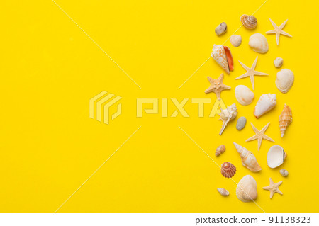 Summer time concept Flat lay composition with beautiful starfish and sea shells on colored table, top view with copy space for text 91138323