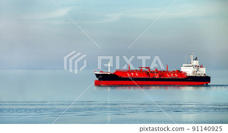 Side view oil and gas petrochemical tanker offshore in opensea, Refinery industry cargo ship, Oil product tanker and LPG tanker at sea view from above, Aerial view oil tanker ship vessel. 91140925