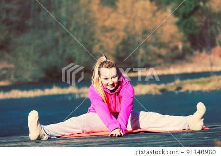 Girl train outside in park. Girl train outside in park. 91140980