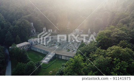 Aerial view of The Monumental Cemetery of Oropa in Northern Italy. 91141975