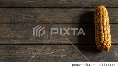 Dried corn on a wooden table texture. Head of corn. Food. Close. Yellow corn. Concept 91143442