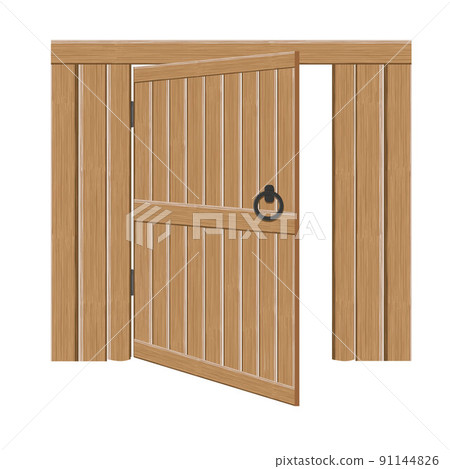 Old wooden massive open gates, vector illustration. Single door with iron handles and hinges Old wooden massive open gates, vector illustration. Single door with iron handles and hinges 91144826