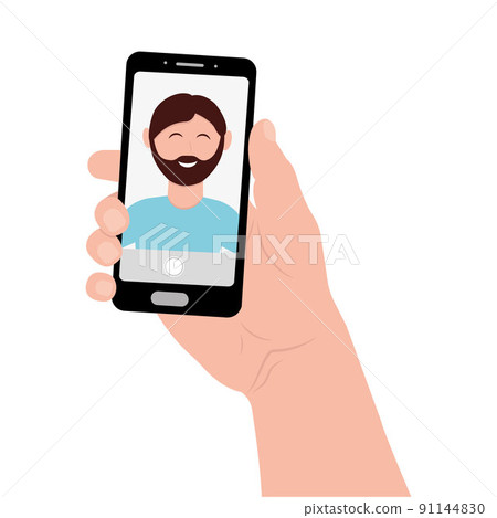 A man takes a selfie on his phone, color vector illustration A man takes a selfie on his phone, color vector illustration 91144830