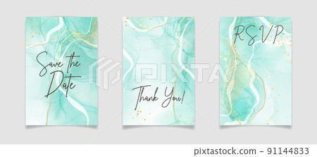 Royal cyan mint liquid marble watercolor background with white lines and brush stains. Teal turquoise marbled alcohol ink drawing effect. Vector illustration backdrop, watercolour wedding invitation 91144833