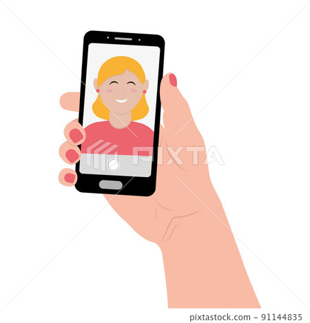 a woman takes a selfie on her phone, color vector illustration 91144835