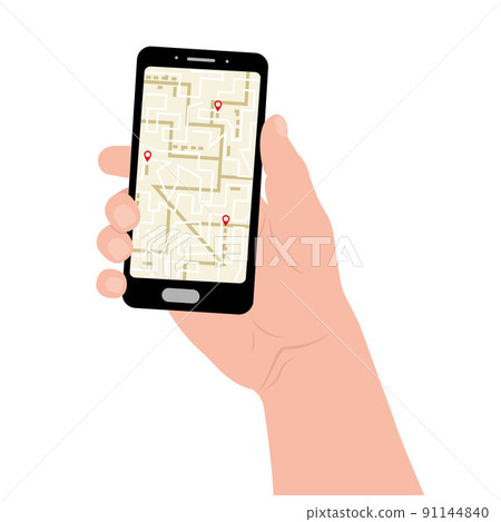 a man holds a phone with a map of the navigator of the city, color vector illustration 91144840