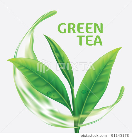 Realistic green tea leaves background for advertising poster. Vector illustration 91145178