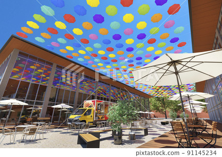 Umbrella sky blooming in the blue sky and sunny open terrace / Image of early summer vacation and refreshing holidays Umbrella sky blooming in the blue sky and sunny open terrace / Image of early summer vacation and refreshing holidays 91145234