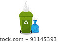 Trash can with piles of garbage. Bad smell and insects. Isolated on white background. 91145393