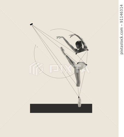Contemporary art collage with artistic ballerina dancing, performing isolated over grey background. Puppet. Line art design 91146314