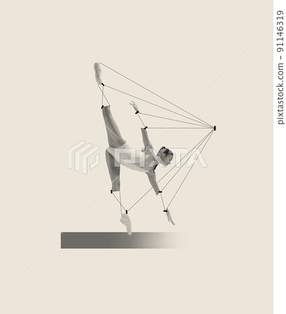 Contemporary art collage with tender young woman, ballerina dancing isolated over grey background. Line art design 91146319