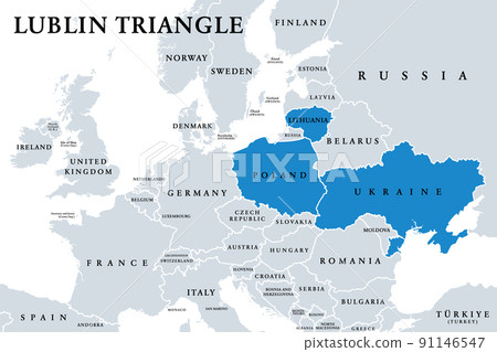 Lublin Triangle, political map. Alliance of the three European countries Lithuania, Poland and Ukraine for strengthening mutual cooperation and supporting the integration of Ukraine into  EU and NATO. 91146547