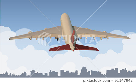 The airliner takes off into the sky above the city. Vector. 91147942
