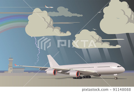 The plane stands on the platform of the airport during a thunderstorm. Vector. The plane stands on the platform of the airport during a thunderstorm. Vector. 91148088
