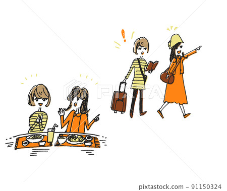 A delicious lunch color version with two women going out a little 91150324