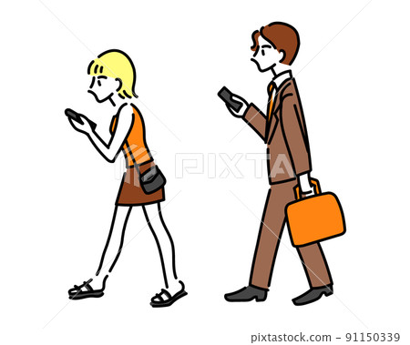 Color illustrations of men and women who walk smartphones Color illustrations of men and women who walk smartphones 91150339
