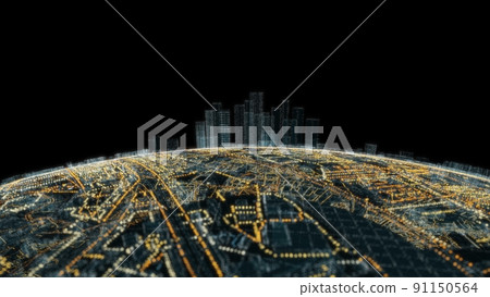 Spectacular aerial view of 3d city with bright glowing roads Spectacular aerial view of 3d city with bright glowing roads 91150564