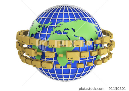 Packages delivery, packaging service and parcels transportation system concept, cardboard boxes on Global map. 3D rendering 91150801