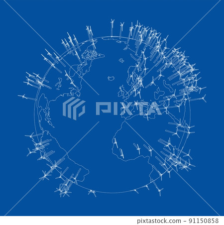 Electric wind turbines on Earth. Vector 91150858