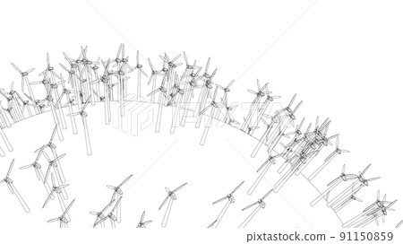 Electric wind turbines on round planet. Vector 91150859