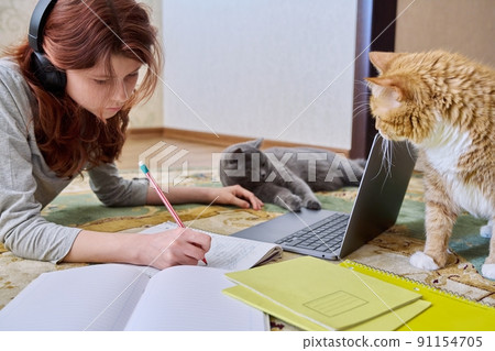 Preteen girl studying in headphones with laptop lying on floor with cats Preteen girl studying in headphones with laptop lying on floor with cats 91154705
