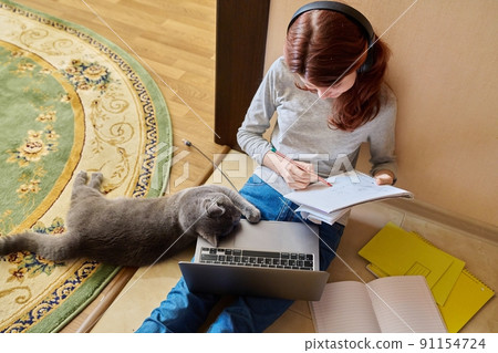 Preteen girl studying at home using laptop along with cat Preteen girl studying at home using laptop along with cat 91154724