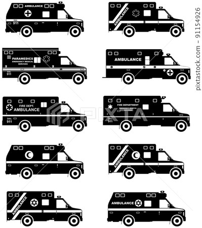 Medical concept. Set of different silhouettes jewish, muslim, american, european car ambulances isolated on white background in flat style. Vector illustration. 91154926