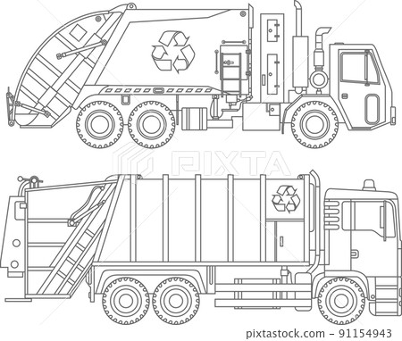 Coloring pages. Set of different kind garbage trucks flat linear icons isolated on white background. Vector illustration. 91154943