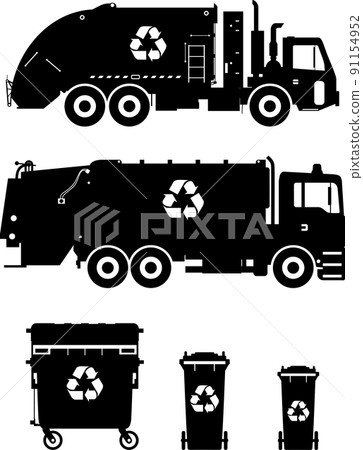 Set of different silhouettes garbage trucks and dumpsters. Vector illustration. Set of different silhouettes garbage trucks and dumpsters. Vector illustration. 91154952