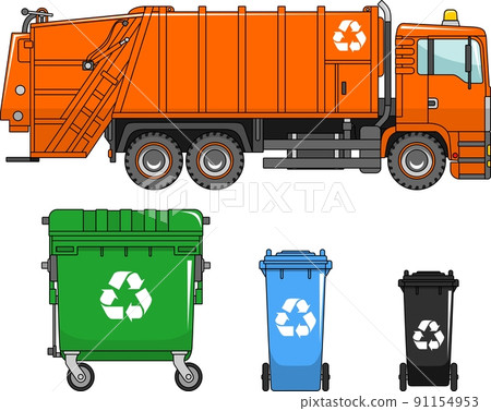 Garbage truck and different types of dumpsters on a white background in a flat style Garbage truck and different types of dumpsters on a white background in a flat style 91154953
