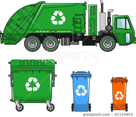 Garbage truck and different types of dumpsters on a white background in a flat style Garbage truck and different types of dumpsters on a white background in a flat style 91154954