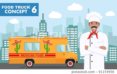 Flat vector illustration of food truck and cook on background with cityscape. Traditional Mexican street cuisine. Auto restaurant, mobile kitchen, hot fastfood, spicy food. Burrito, tacos, nachos. Flat vector illustration of food truck and cook on background with cityscape. Traditional Mexican street cuisine. Auto restaurant, mobile kitchen, hot fastfood, spicy food. Burrito, tacos, nachos. 91154956