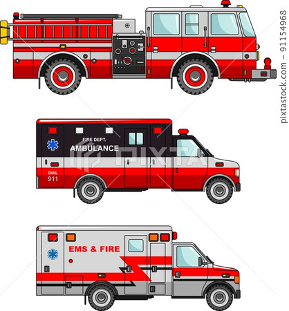 Fire truck and ambulance cars isolated on white background in flat style 91154968