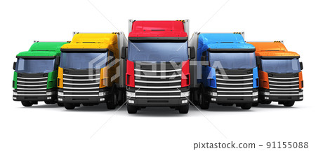 Row of cargo trucks isolated on white background Row of cargo trucks isolated on white background 91155088