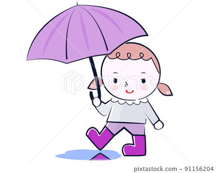 一個穿著雨具的女孩在雨天打著傘 91156204