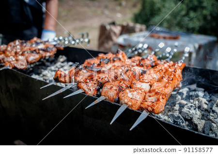 Close-up on shish kebab on skewers are fried on a outdoor grill 91158577